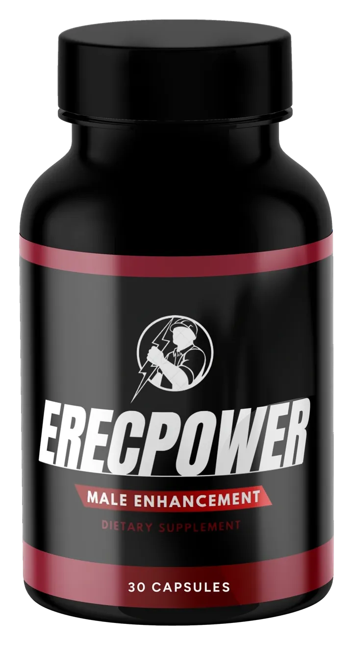 ErecPower bottle, matte black with a red band, labeled Male Enhancement, 30 capsules