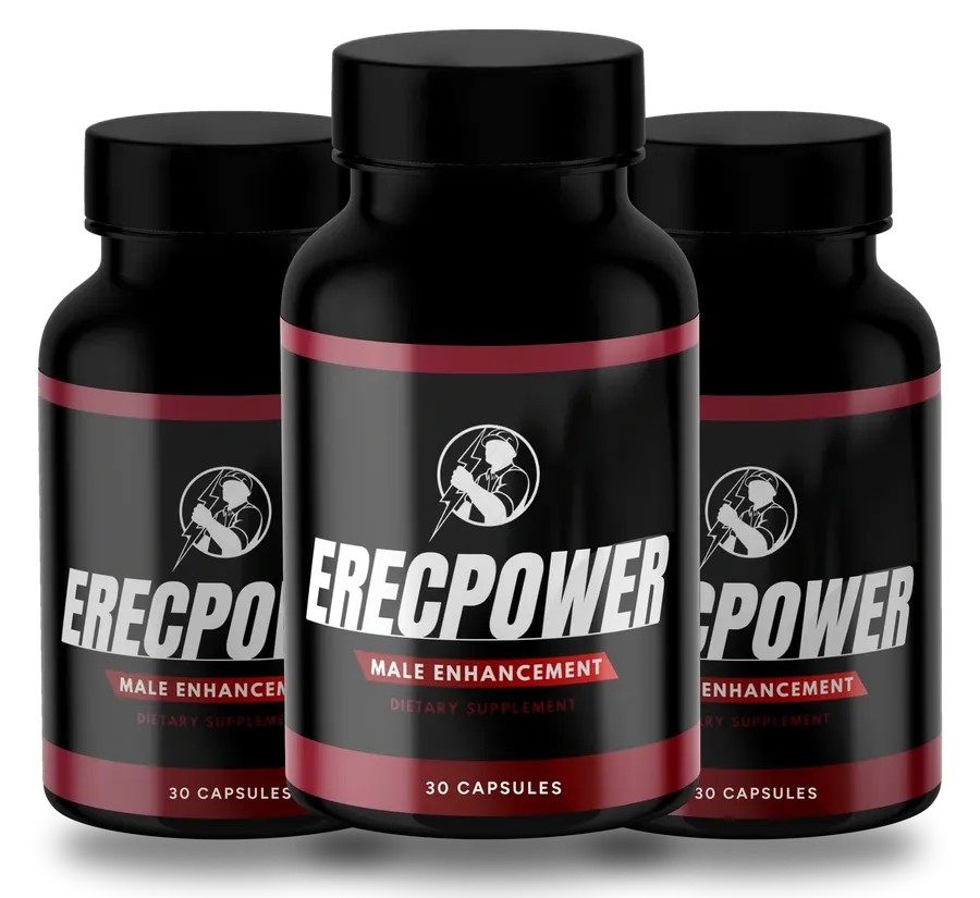 Three black ErecPower bottles with red bands standing side by side