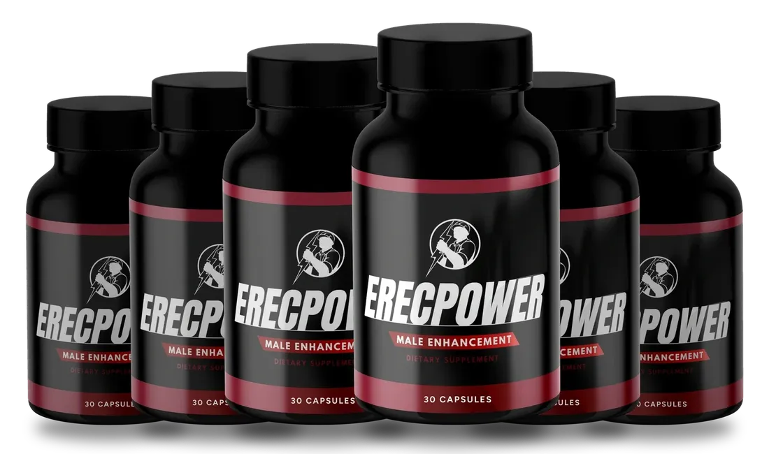 Six black ErecPower bottles lined up, 30 capsules each