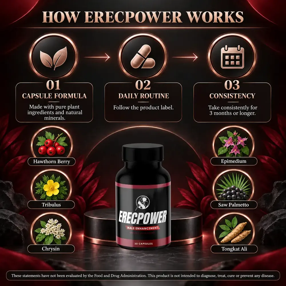 How ErecPower Works graphic with three steps: capsule formula, daily routine and consistency, around the bottle and six ingredient tiles