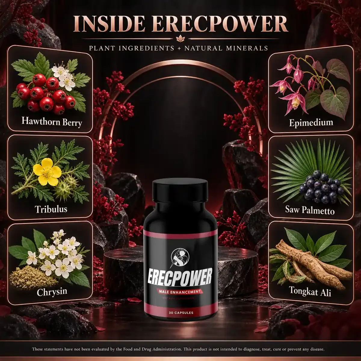 Inside ErecPower graphic showing the bottle with tiles for hawthorn berry, tribulus, chrysin, epimedium, saw palmetto and tongkat ali