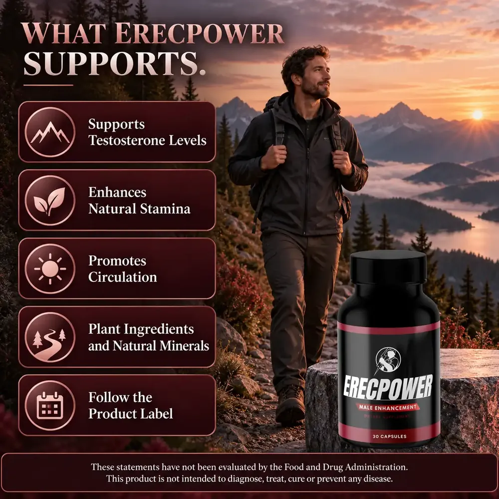What ErecPower Supports graphic listing testosterone levels, natural stamina, circulation, plant ingredients and following the label, beside a hiker and the bottle