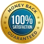 Gold and blue badge reading Money Back, 100% Satisfaction, Guaranteed